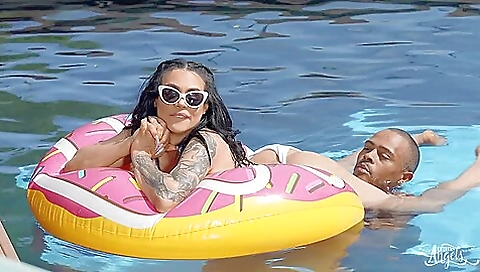 Busty blonde with tattooed pussy is having a great time