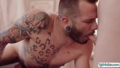 Blonde tranny with natural boobs loves anal massage