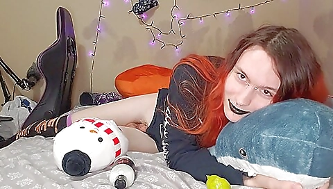 Red haired shemale has anal sex with dildo and dildo toy