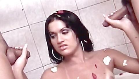 Slut is getting fucked in a threesome with two dicks