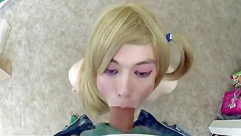 Horny shemale with a large ass and a nice body sucking dick