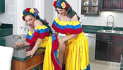 Brunette and ebony play bareback and deepthroating