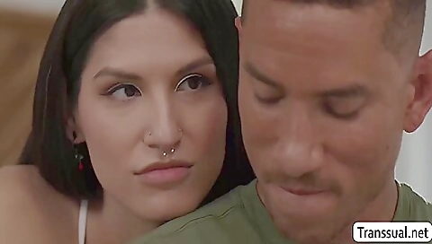 Petite brunette with big boobs is fucked by a tall dude