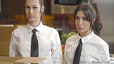 Threesome with big dick tranny and her busty tranny